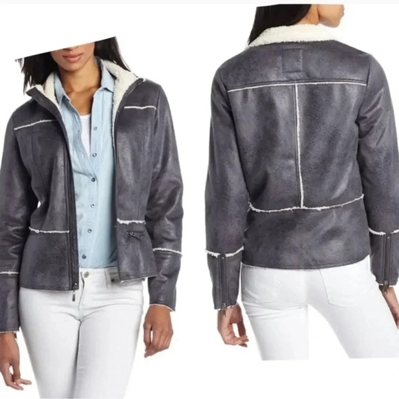 Prana Esme Faux Suede Shearling Trucker Gray Jacket Coat Large - Picture 2 of 8